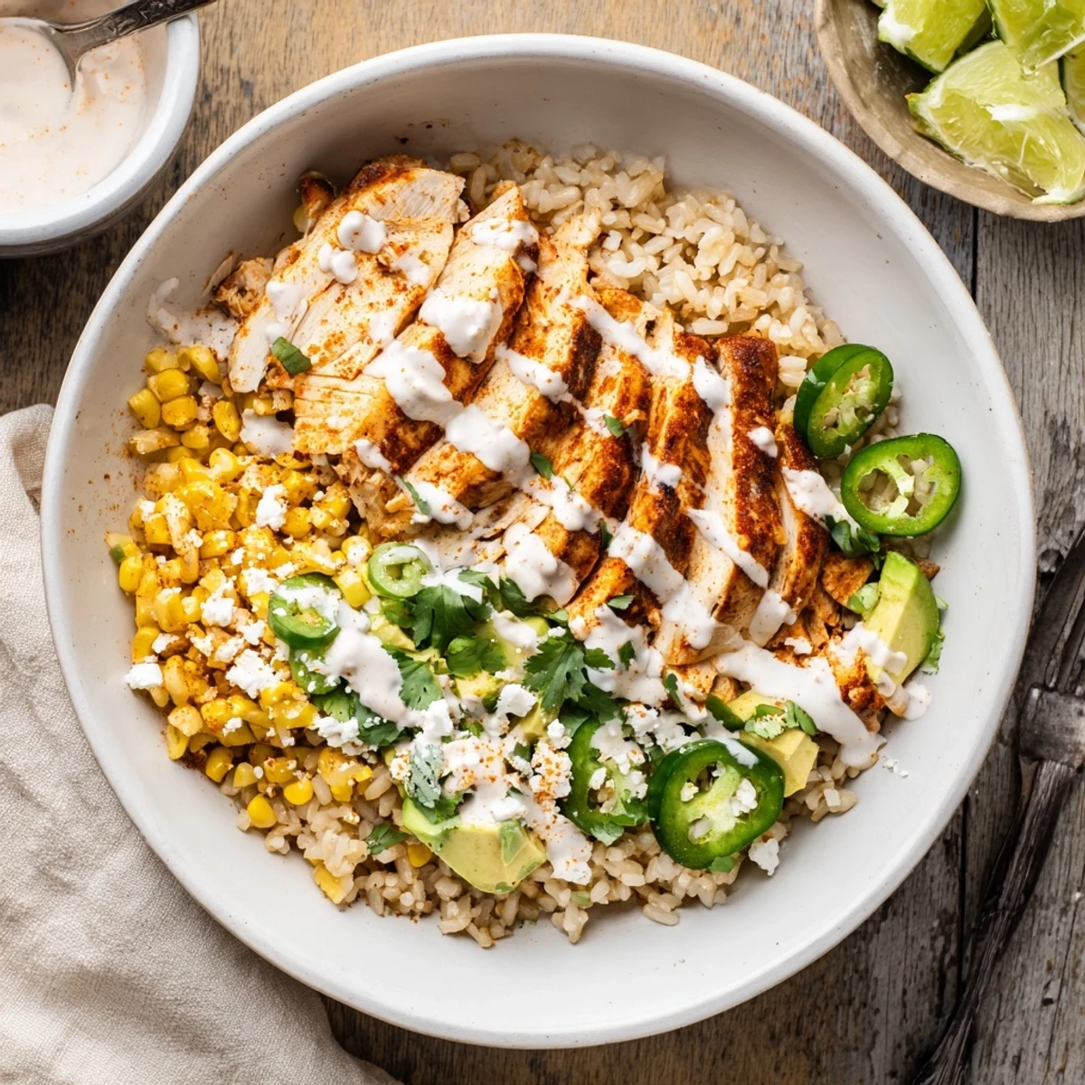 Juicy Street Corn Chicken Bowl featuring smoky chicken, corn, cilantro, and jalapeño arranged in a colorful bowl.