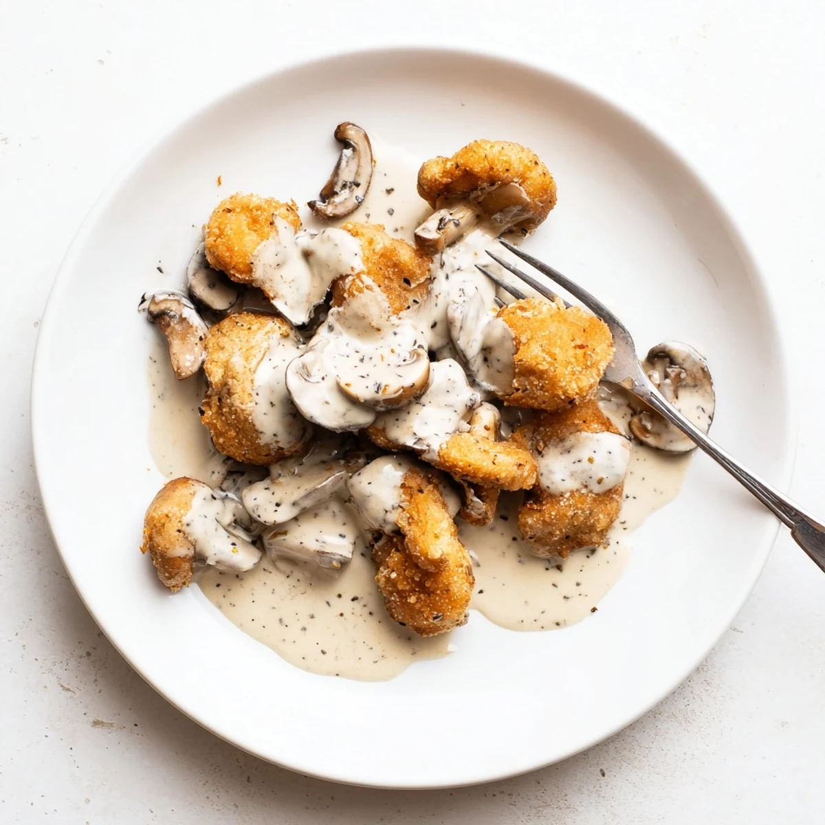 Golden-battered Chicken Fried Mushrooms with Gravy sizzling in a skillet, drizzled with creamy sauce, served alongside mashed potatoes on a rustic wooden table.