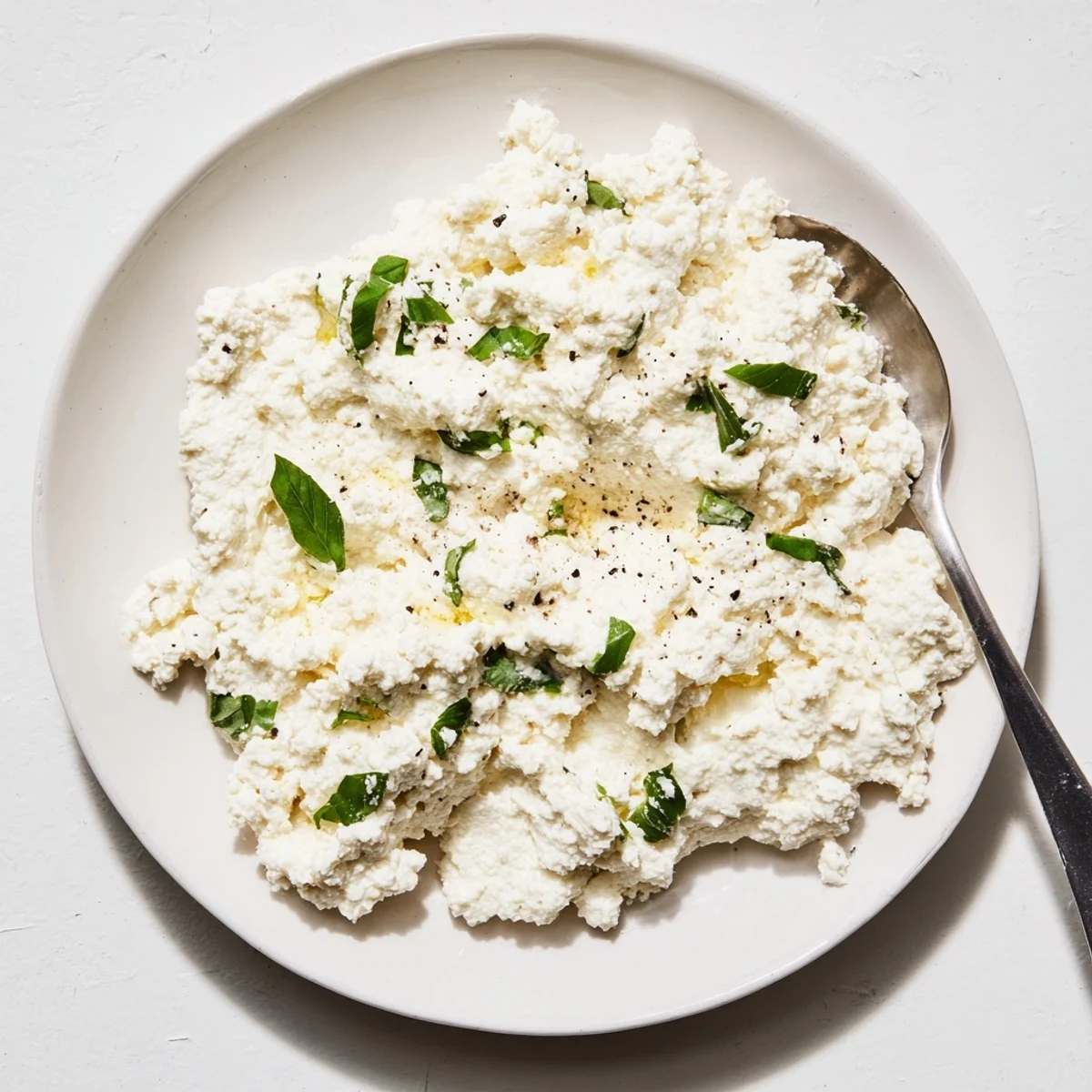 Creamy vegan Tofu Ricotta in a white bowl garnished with fresh basil leaves.