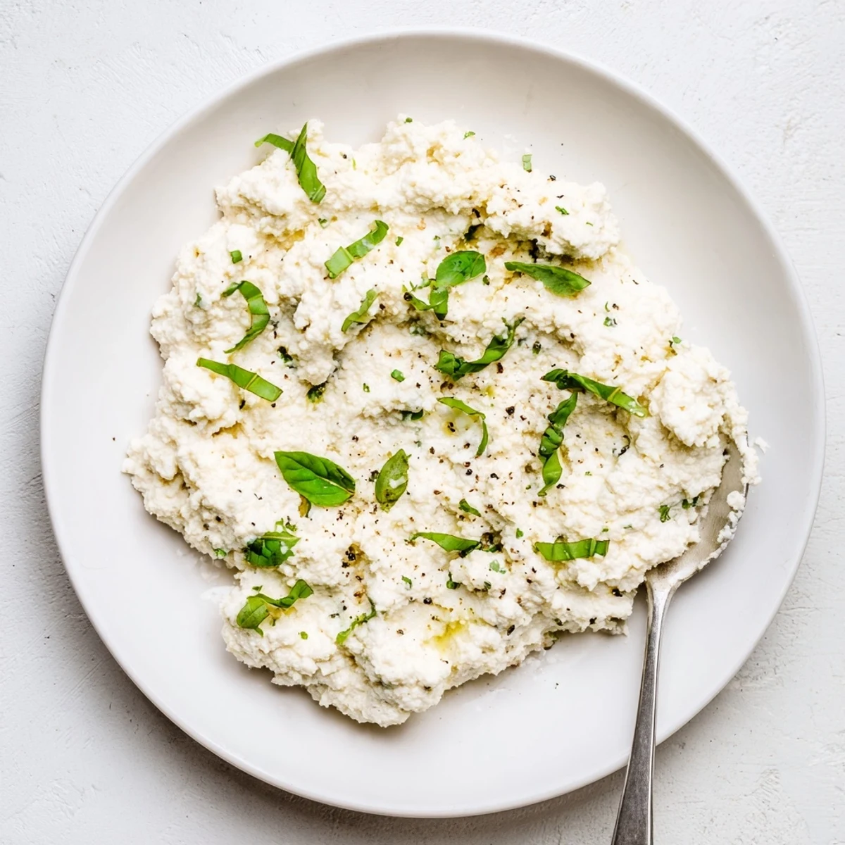 Fluffy Tofu Ricotta spread on a crostini topped with sliced cherry tomatoes and herbs.