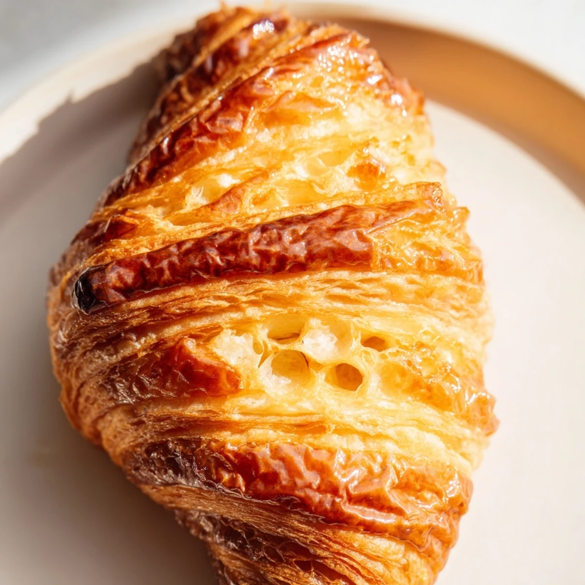 Close-up of buttery Gluten-Free Croissants with visible air pockets, resting on a cooling rack after baking.