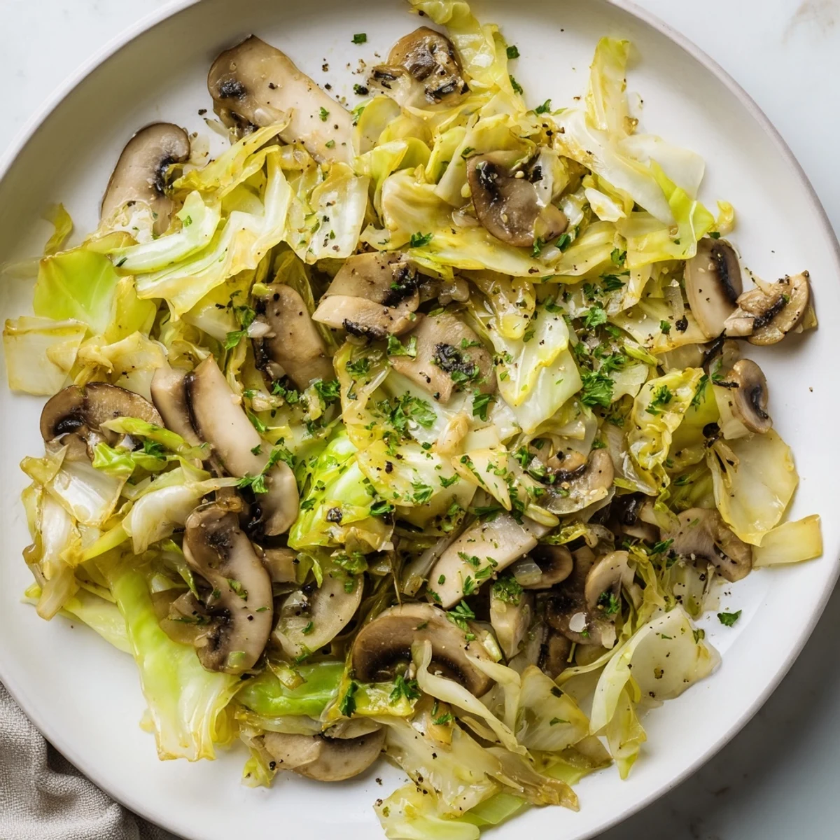 A rustic wooden table displays a colorful Vegetarian Cabbage Mushroom Sauté plated beside a fork, highlighting the vibrant green and brown hues.