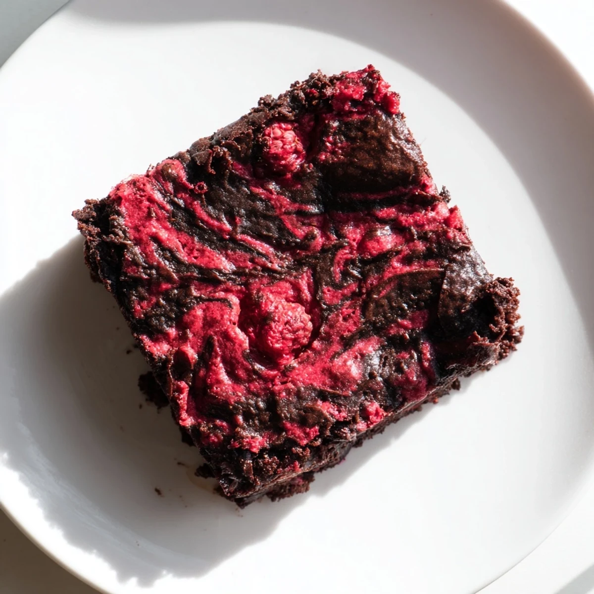 Fudgy Raspberry Swirl Brownies show a glossy marbled top, baked golden, ready to slice and serve warm.