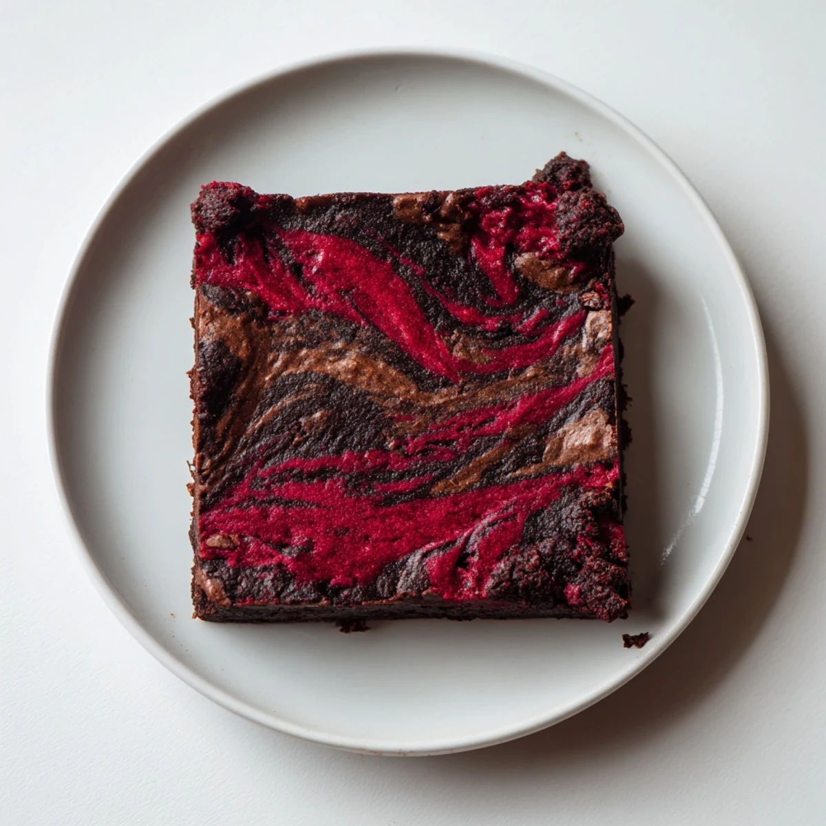 Decadent Raspberry Swirl Brownies with deep chocolate color and red swirls, cut into neat squares on a board.
