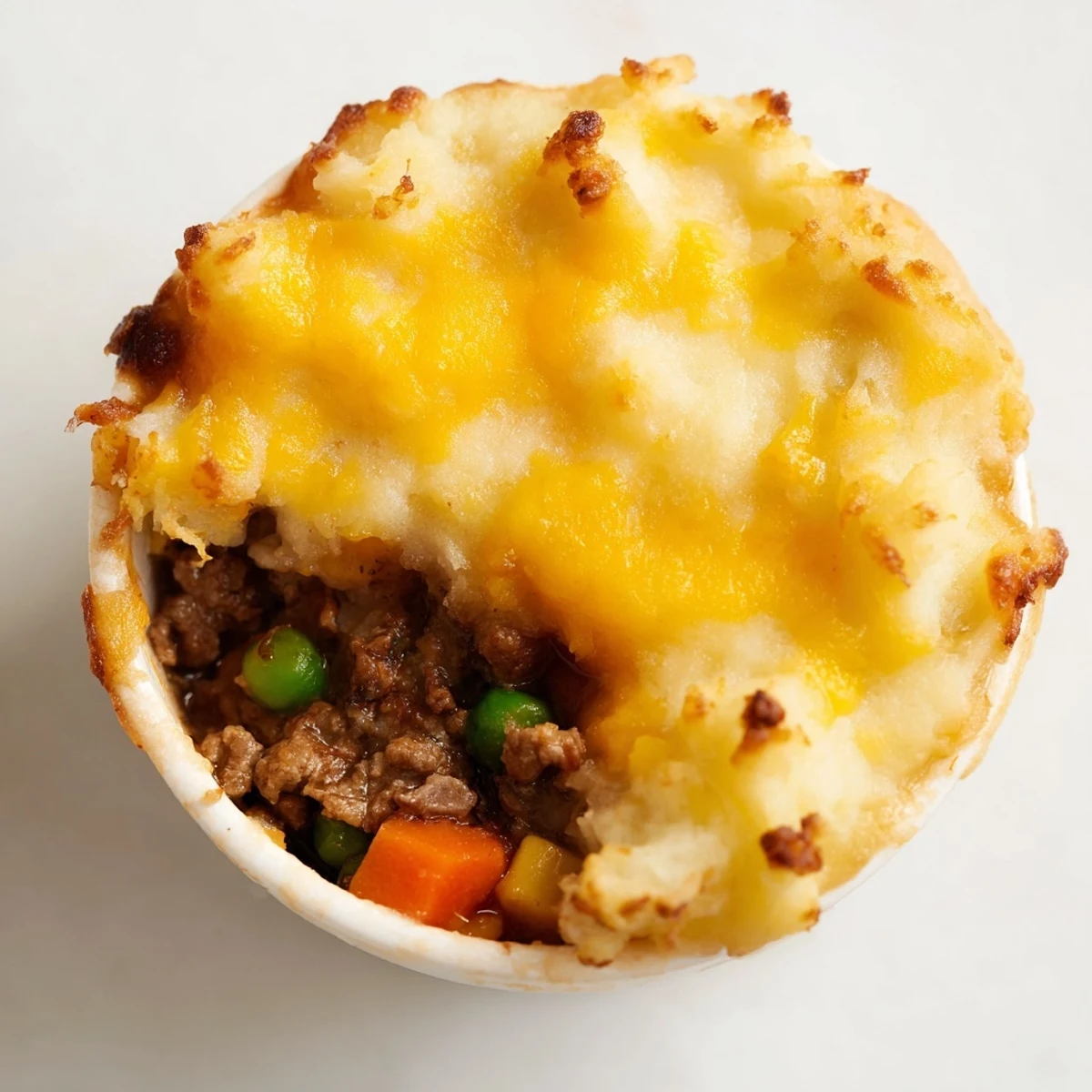 Golden baked Mini Shepherd's Pie in a ramekin with savory beef filling and creamy mashed potato topping, served as a comforting individual dinner.