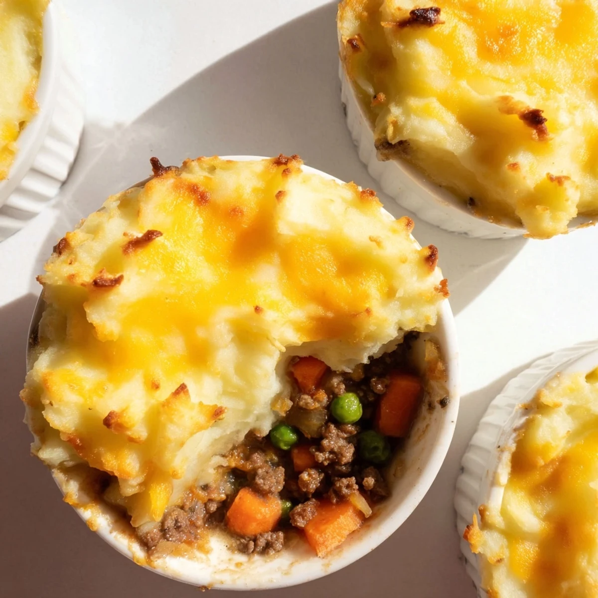 Six Mini Shepherd's Pie portions baked golden-brown with tender ground lamb and vegetables, topped with fluffy mashed potatoes on a rustic wooden table.