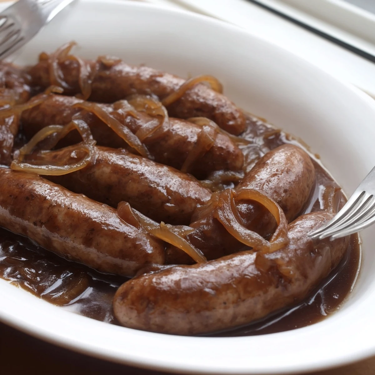 Golden-brown sausages nestled in rich, savory onion gravy, served over creamy mashed potatoes for Sausages in Onion Gravy.