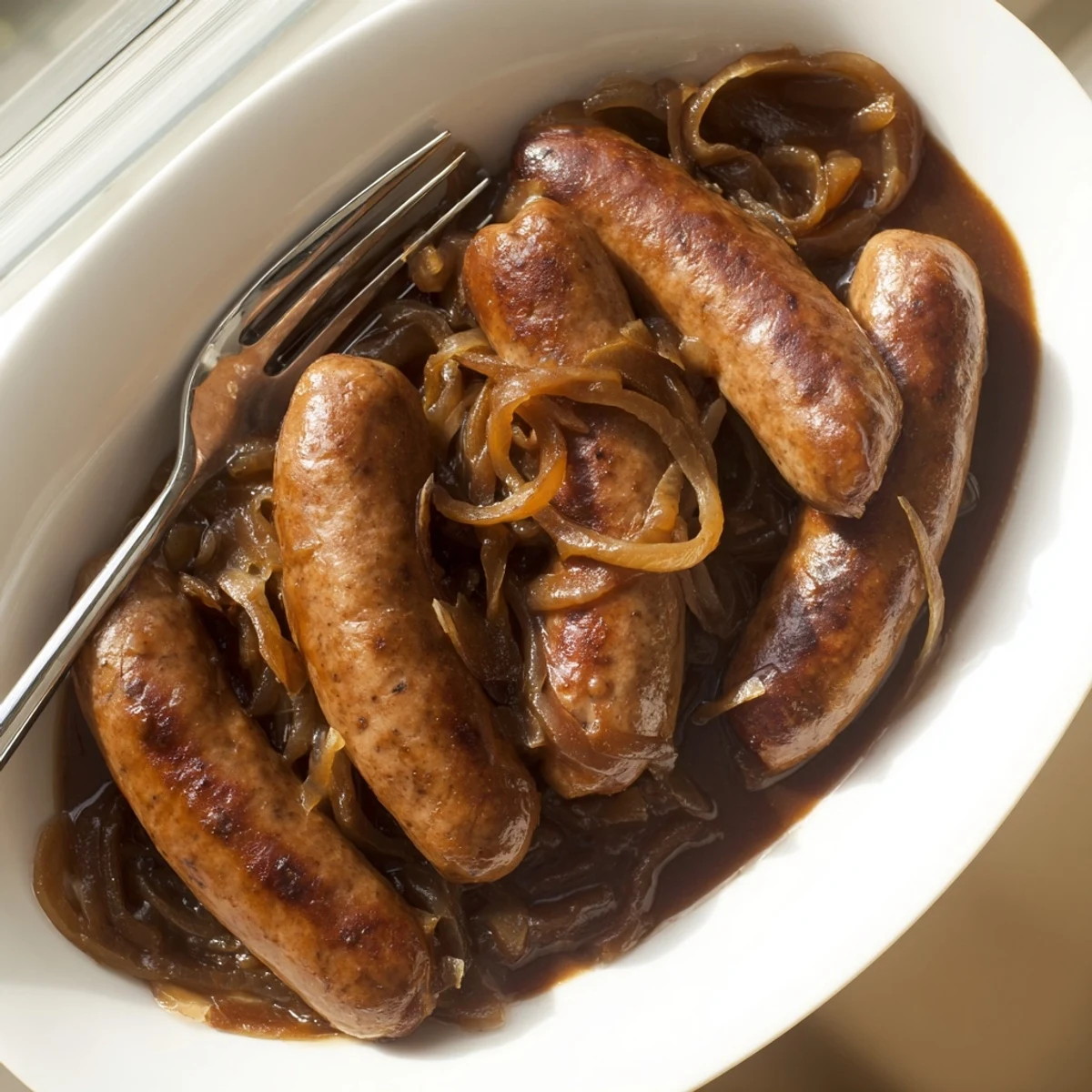 Classic Sausages in Onion Gravy featuring juicy pork sausages smothered in a hearty, aromatic onion sauce on a dinner plate.