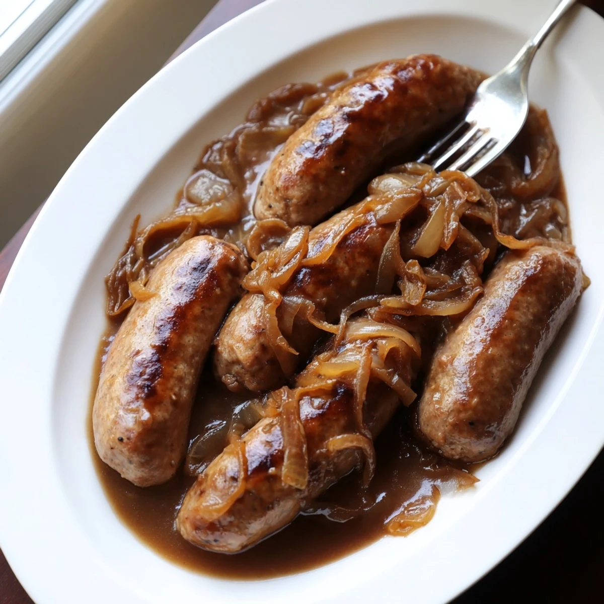 Steaming Sausages in Onion Gravy with caramelized onions in a thick, dark gravy, ready to be spooned over mashed potatoes.