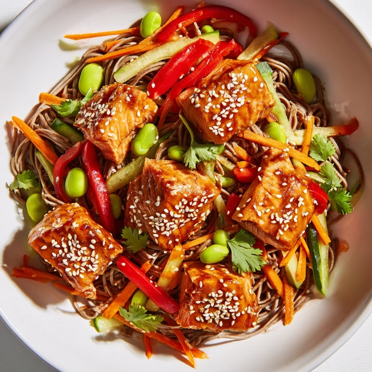 Glazed teriyaki salmon flakes over chilled soba noodles with crisp vegetables, ready to serve.