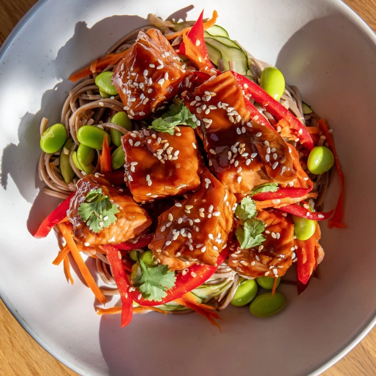 Soba noodles tossed with julienned carrots and edamame, topped with sticky teriyaki salmon.