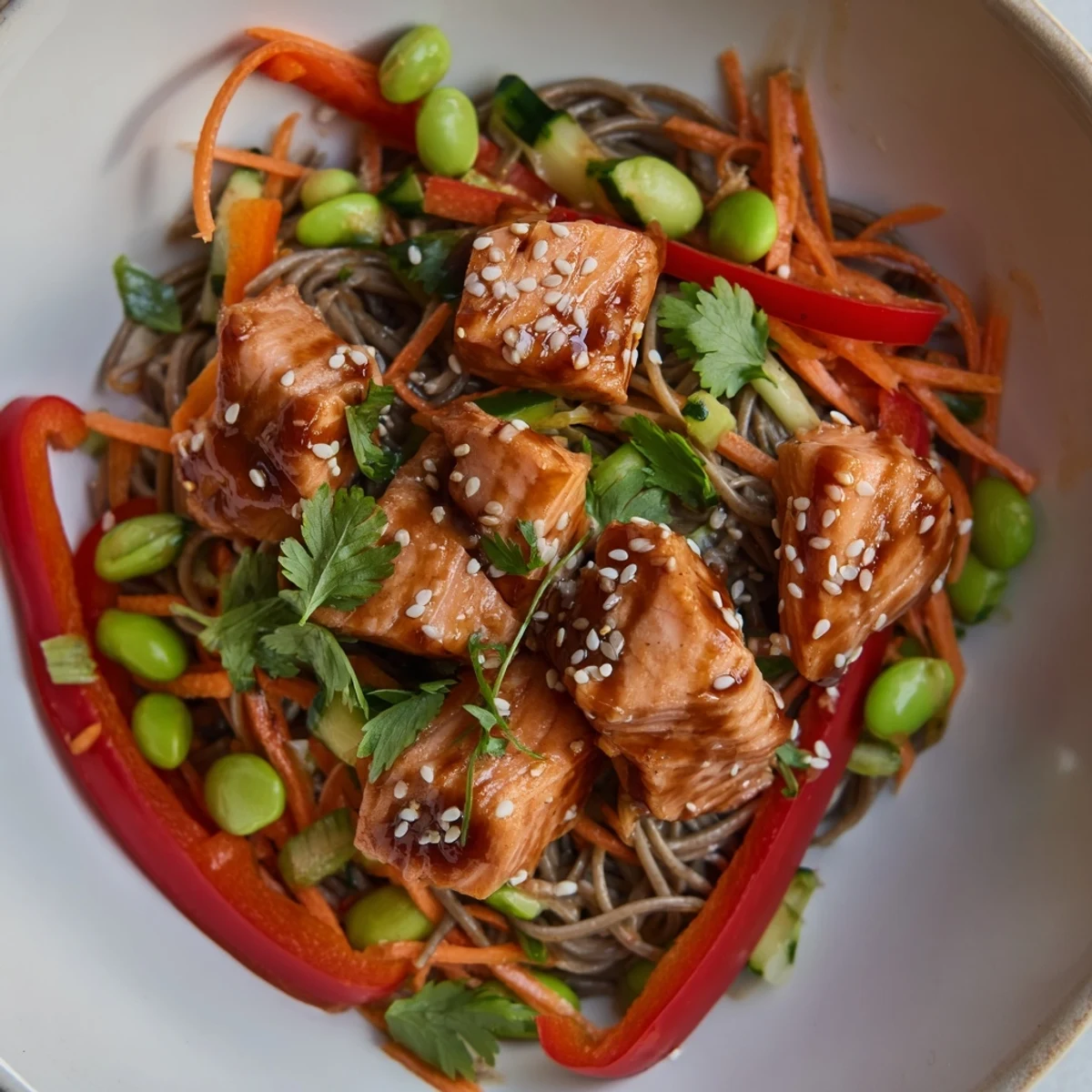 A vibrant plate of teriyaki salmon and soba noodles, garnished with sesame seeds and herbs.