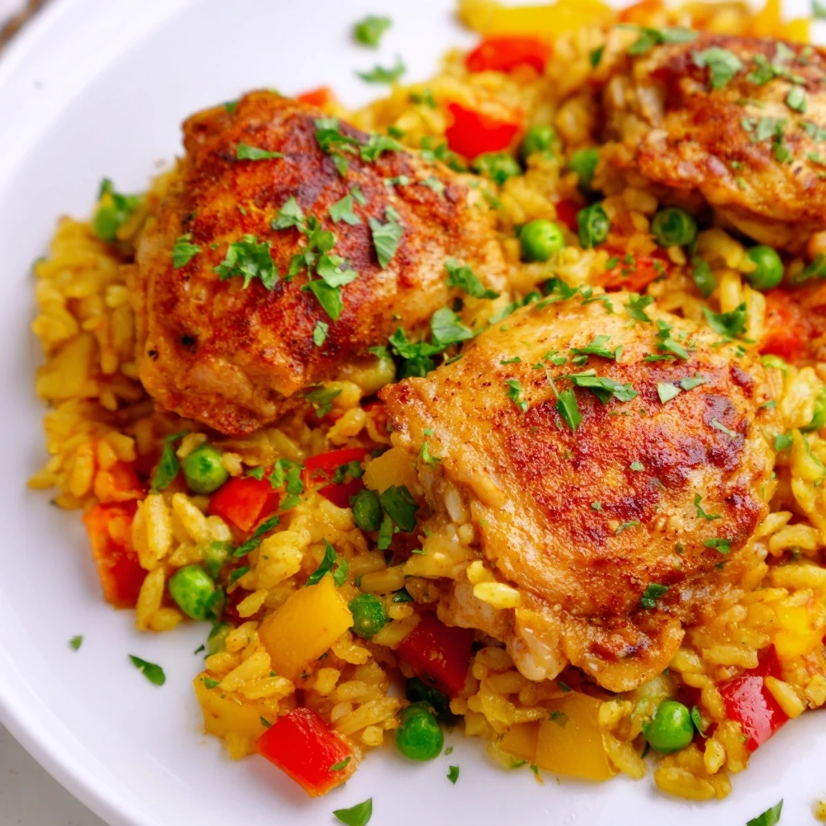 Golden-brown chicken thighs with paprika sit atop the One Pan Spanish Chicken and Rice Bake, garnished with fresh parsley and lemon wedges.