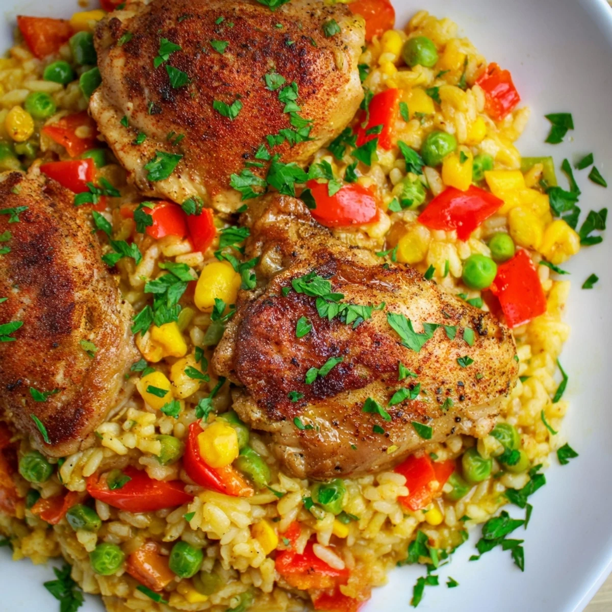 A close-up of the One Pan Spanish Chicken and Rice Bake reveals saffron-infused rice, red peppers, and peas, with steam rising from the skillet.