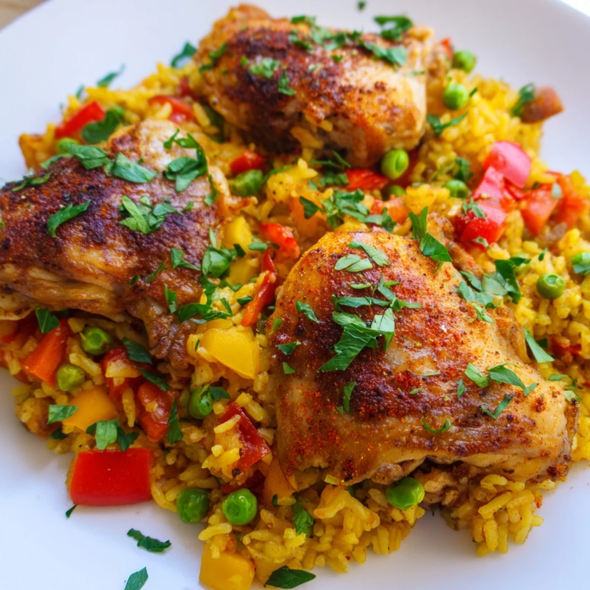 For a family dinner, the One Pan Spanish Chicken and Rice Bake is served straight from the pan, looking savory and perfectly baked.