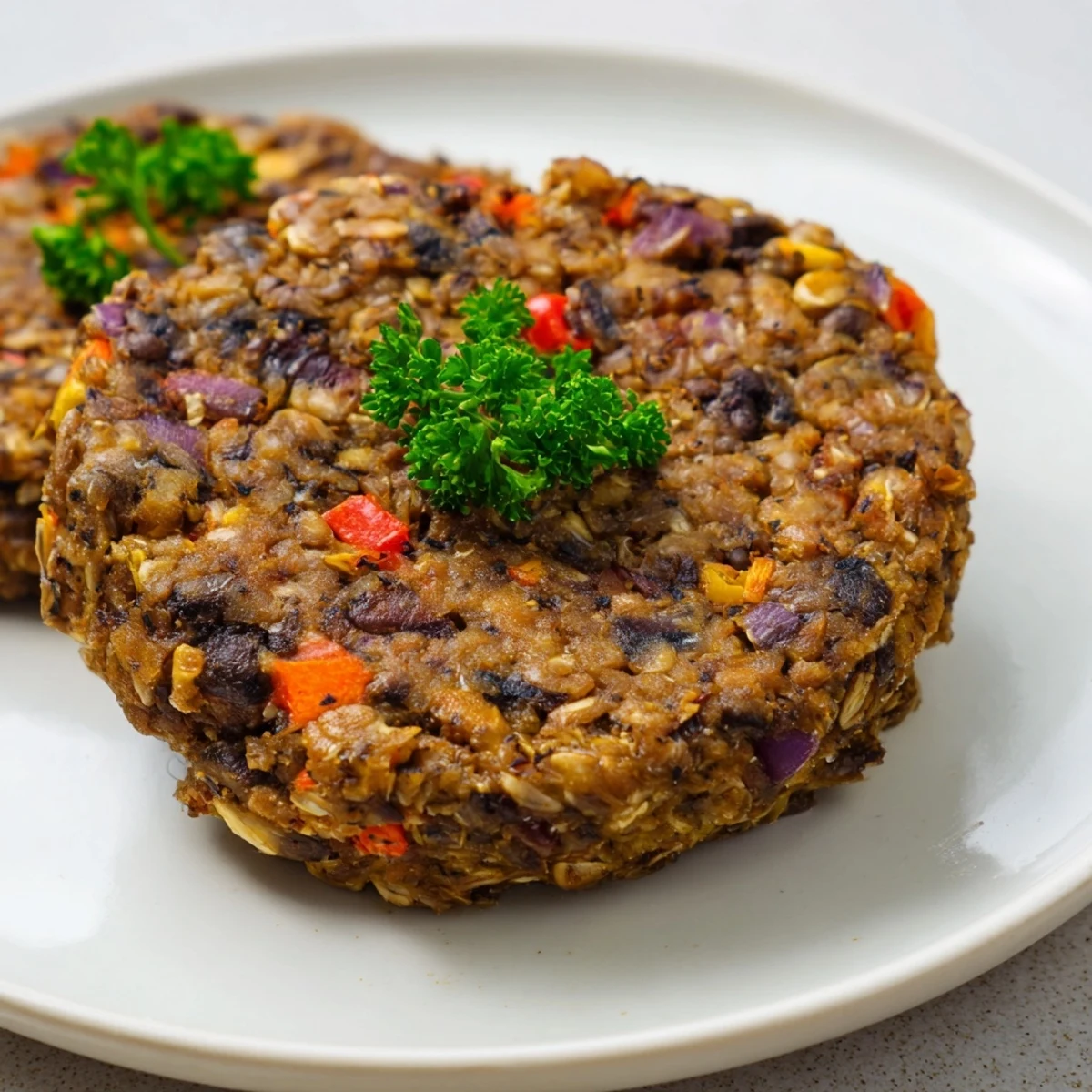 A close-up of a stacked Mushroom Veggie Burger with fresh lettuce and tomato, served alongside crispy sweet potato fries.