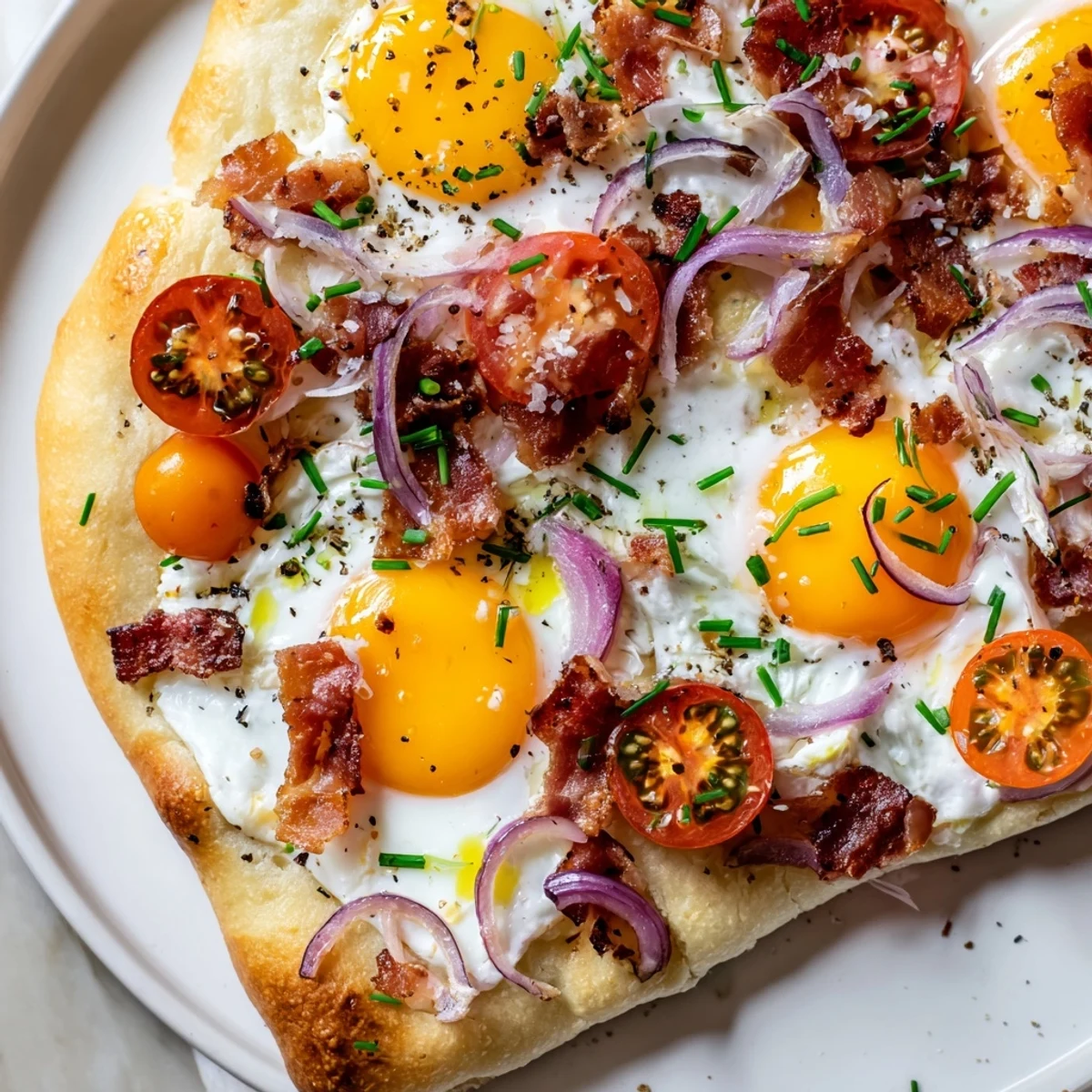 A close-up of a sliced Breakfast Focaccia with poached eggs and tomatoes on a white plate for a savory brunch.