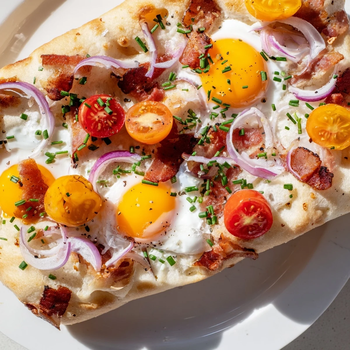 Golden-baked Breakfast Focaccia topped with soft runny eggs, crispy bacon crumbles, and fresh herbs on a wooden board.