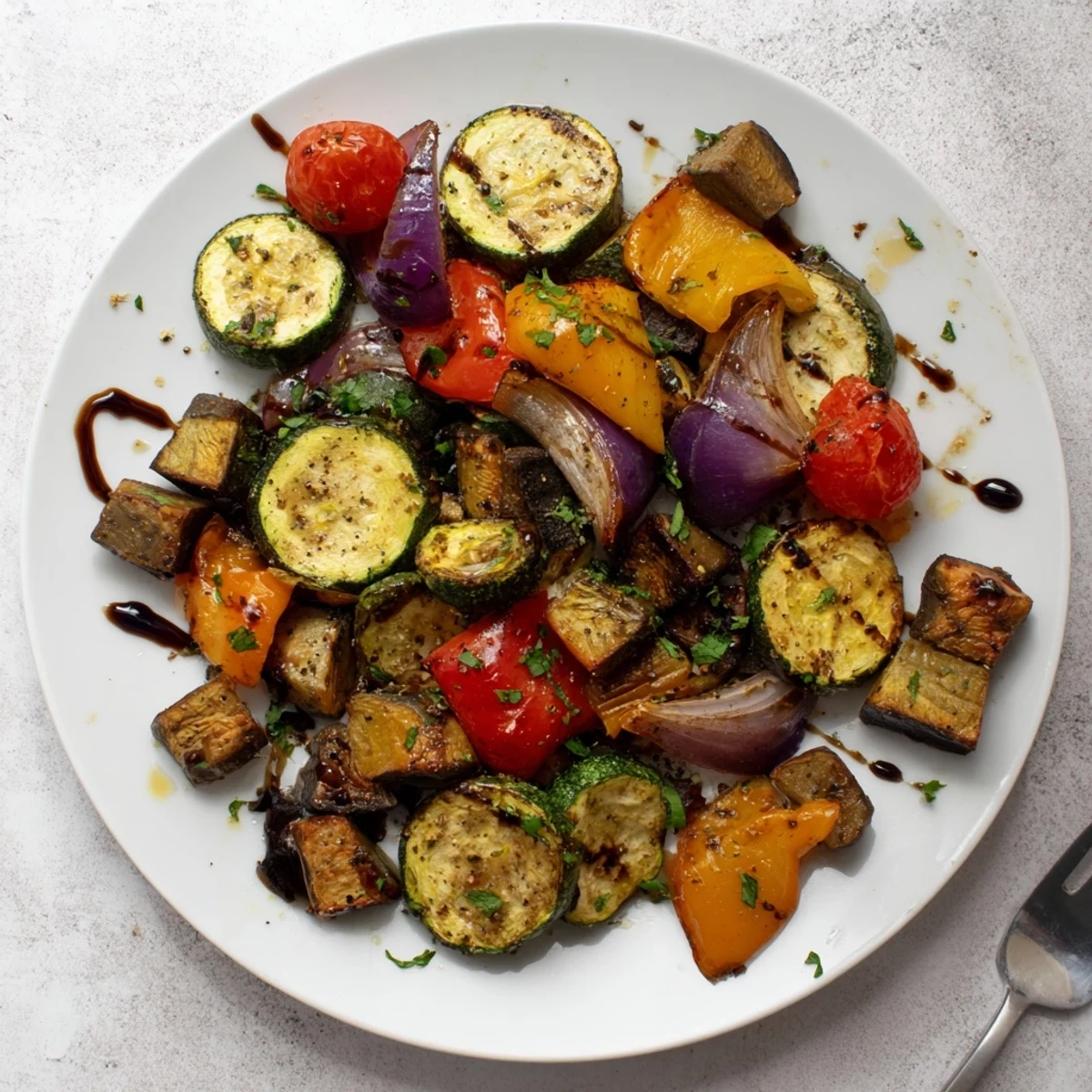 Vibrant Italian Roasted Vegetables served warm from the oven on a rustic platter, garnished with fresh parsley.