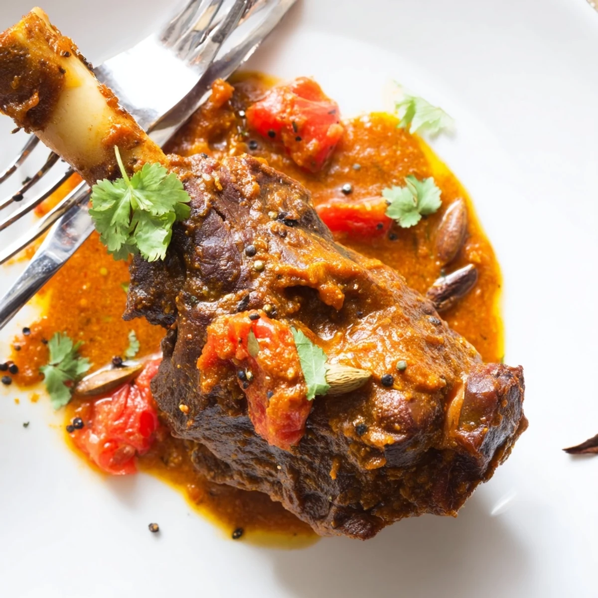 Golden-brown lamb shanks simmering in a rich, spiced Indian curry with tender falling-off-the-bone meat.
