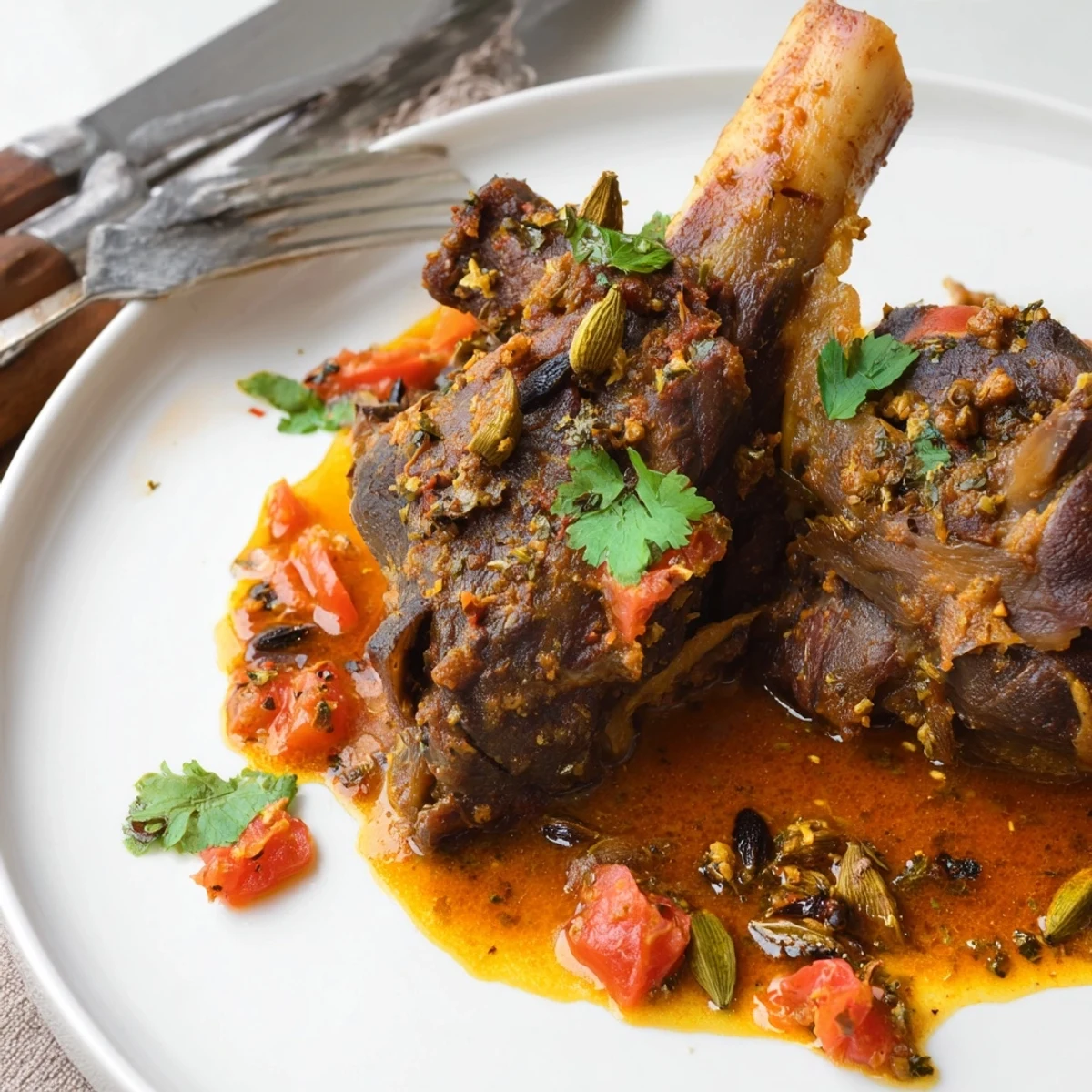 Slow Cooked Indian Lamb Shanks with aromatic spices and lemon wedges, ready to be enjoyed with naan.