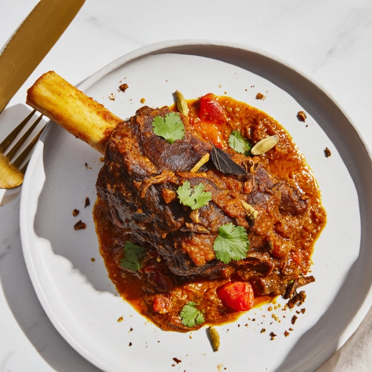 A close view of Slow Cooked Indian Lamb Shanks served over steamed basmati rice garnished with cilantro.