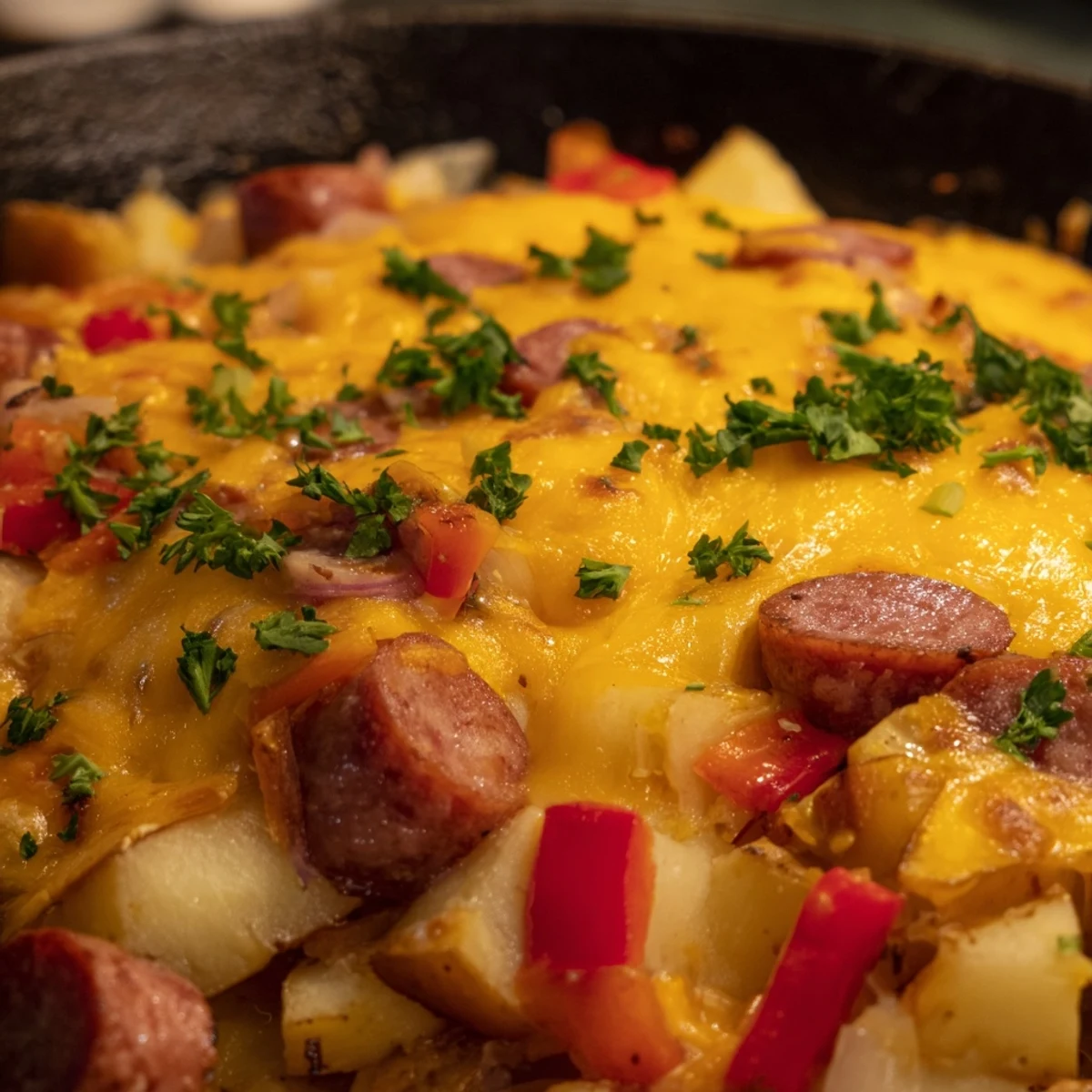 A close-up of Cheesy Sausage and Potato Skillet Bake with melted cheddar bubbling over golden potatoes and savory sausage in a cast-iron pan.