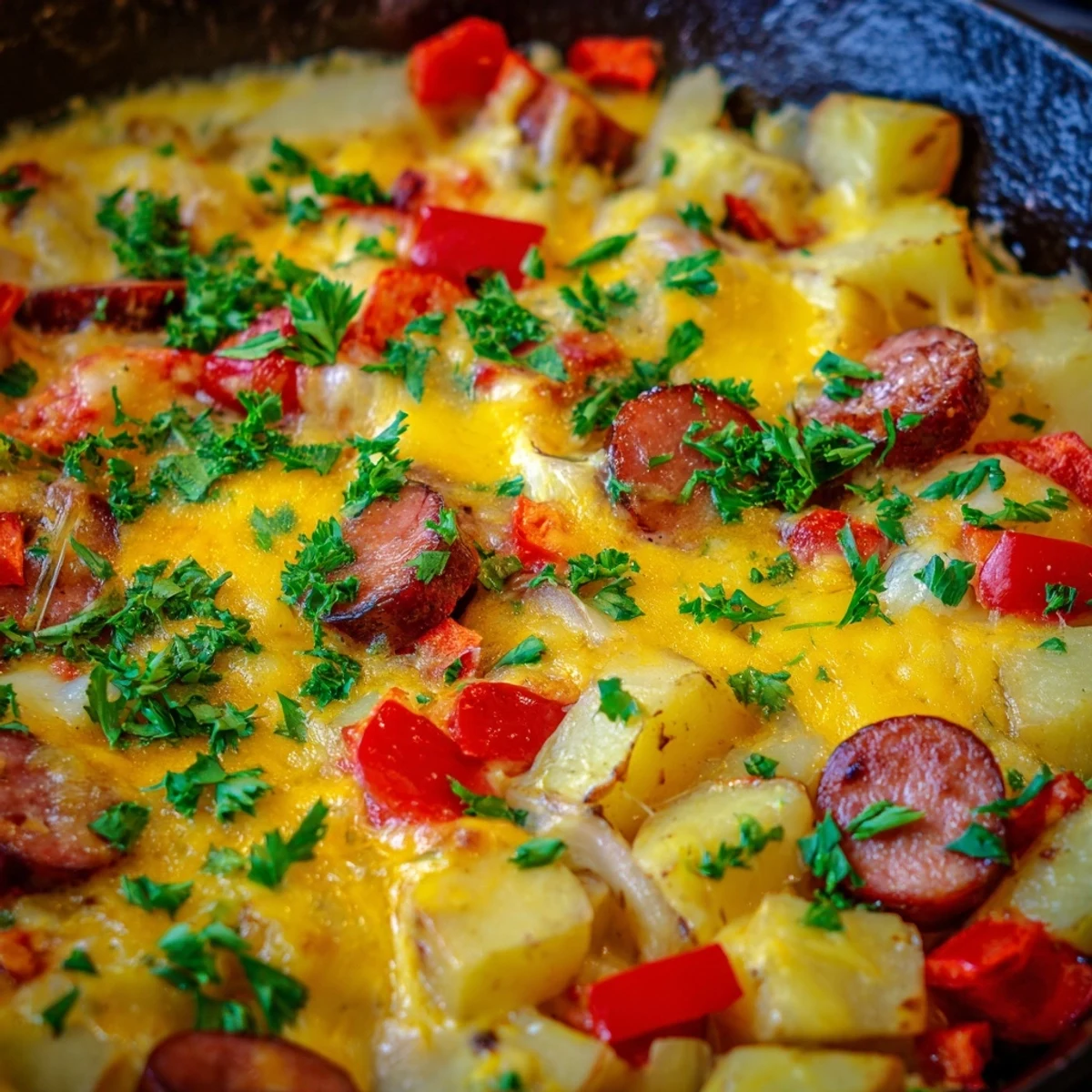 Overhead view of Cheesy Sausage and Potato Skillet Bake featuring tender potato cubes, browned sausage slices, and a golden-brown cheese crust ready to serve.