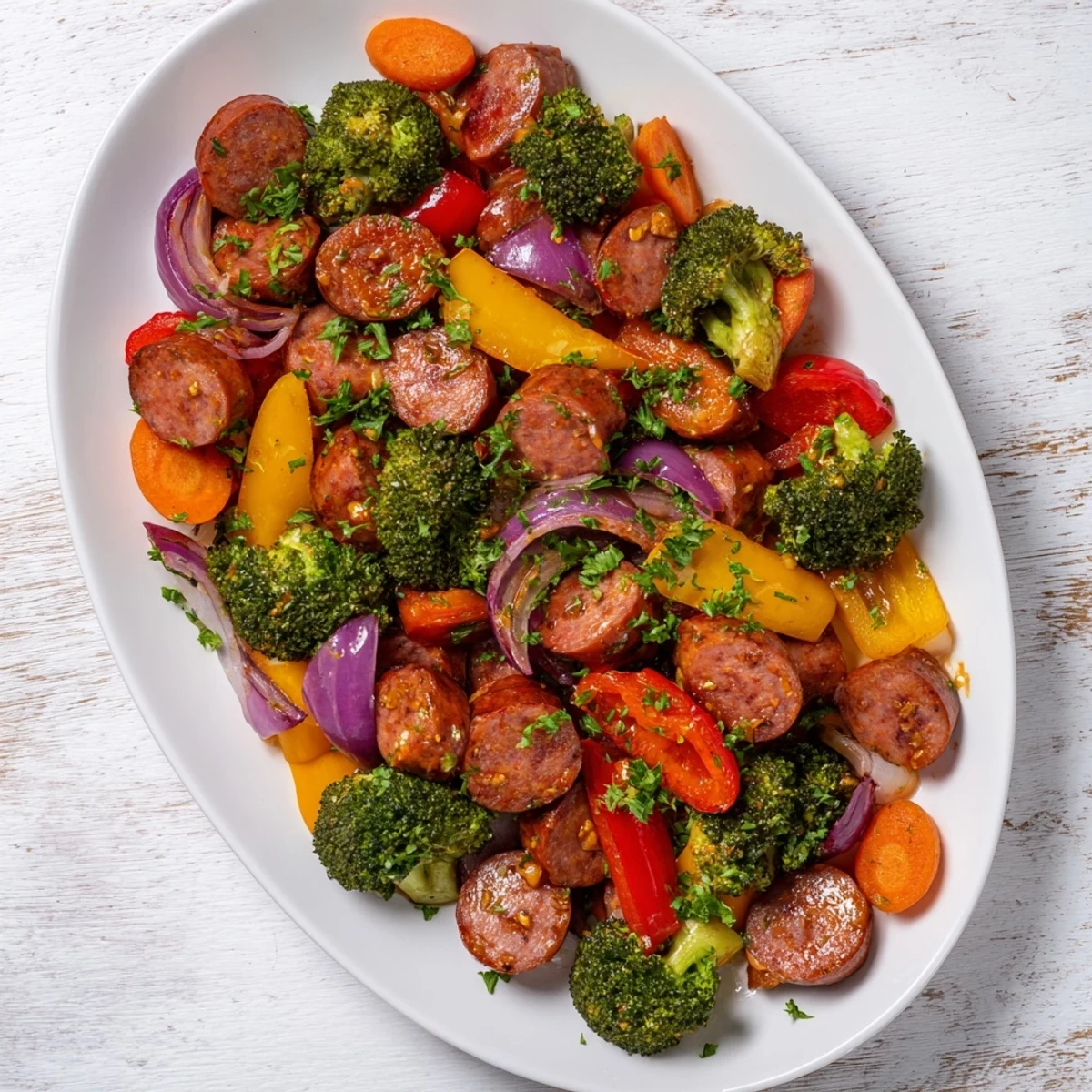 Golden-brown One Pan Honey Garlic Kielbasa & Veggies fresh from the oven, with caramelized edges on the broccoli and peppers.