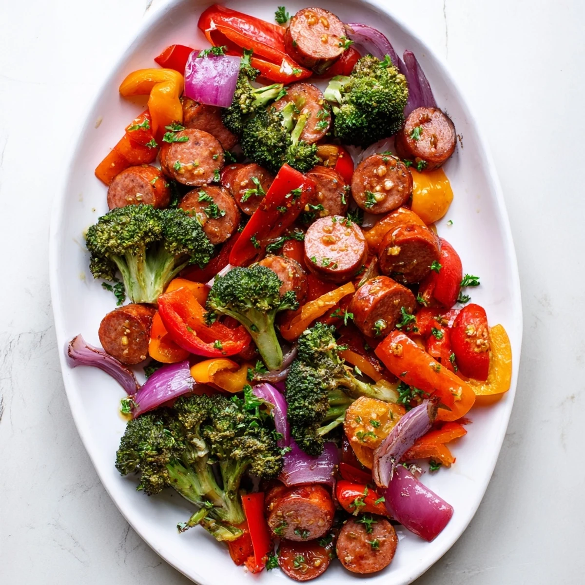 A close-up of One Pan Honey Garlic Kielbasa & Veggies glistening with sweet-savory glaze on a lined sheet pan.