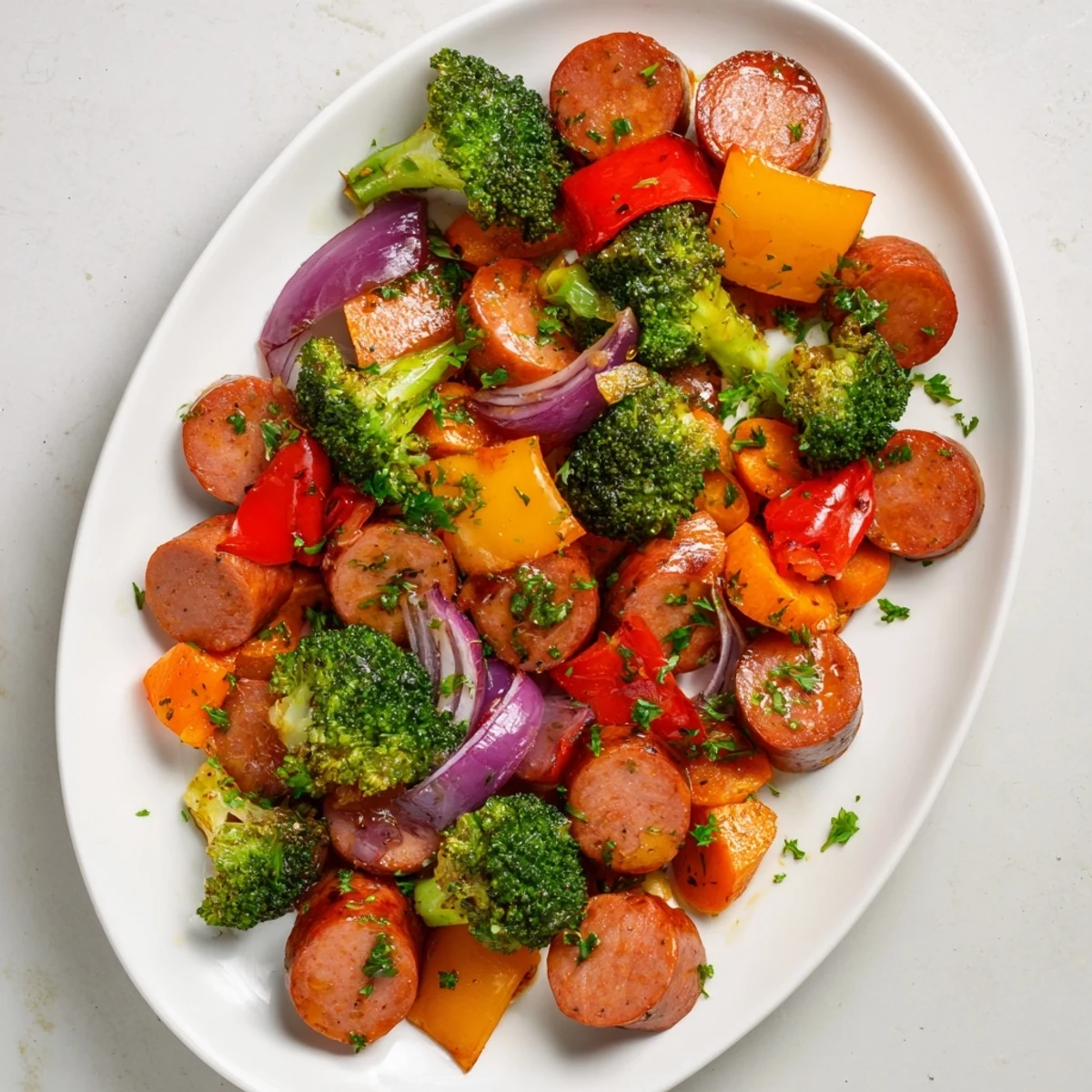 Family-style platter of One Pan Honey Garlic Kielbasa & Veggies served with lemon wedges and parsley garnish.