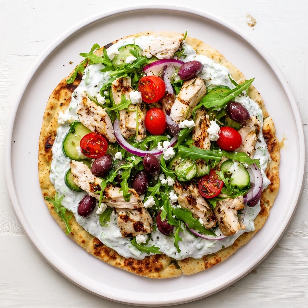 Warm Greek Chicken Flatbread topped with creamy tzatziki, fresh vegetables, and crumbled feta cheese on a wooden board.