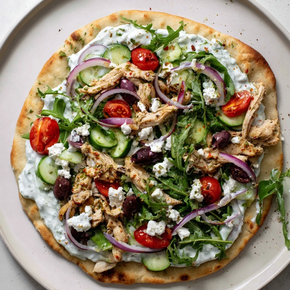 Freshly prepared Greek Chicken Flatbread with vibrant greens and Mediterranean toppings, perfect for a light dinner.