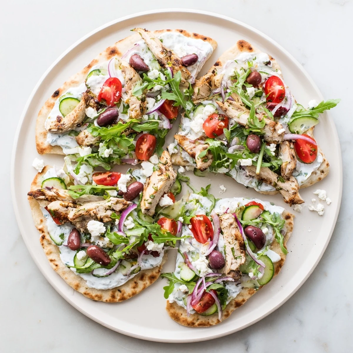 Sliced grilled marinated chicken rests on soft flatbread with cucumbers, tomatoes, olives, and tangy tzatziki sauce.