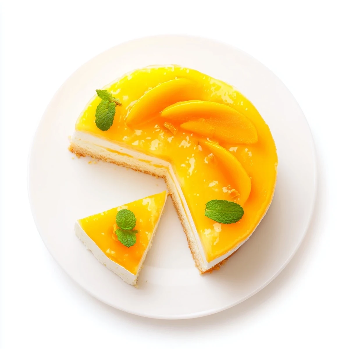 Slice of mango mousse cake with fluffy layers, glossy glaze, and fresh mango garnish on a plate.  