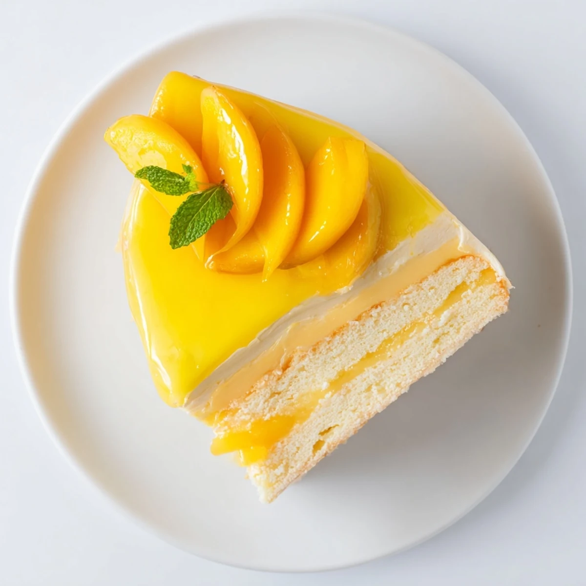 Mango mousse cake on a white plate, topped with ripe mango slices and mint leaves.  