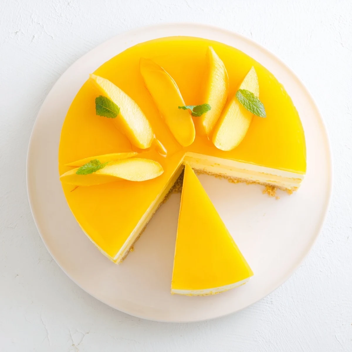 Chilled mango mousse cake with tender sponge base, glossy glaze, and vibrant summer colors.