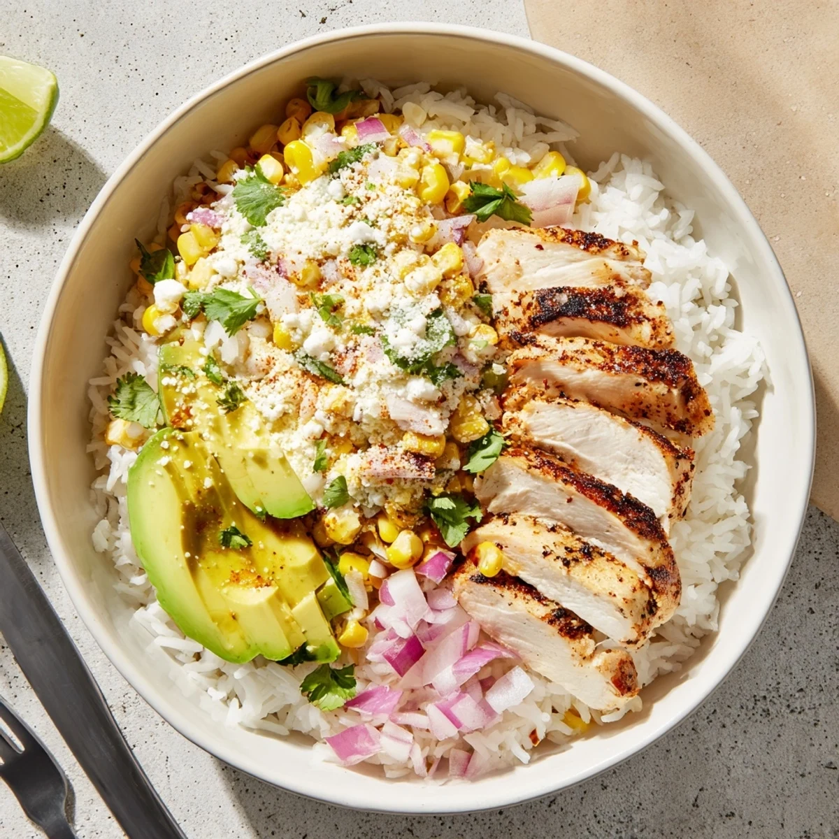 Freshly assembled Street Corn Chicken Rice Bowl featuring fluffy rice, zesty street corn, and lime wedges for serving.