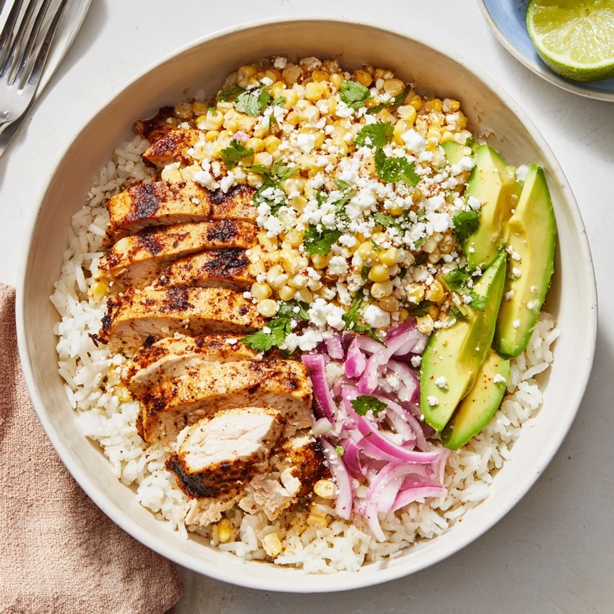 Sizzling Street Corn Chicken Rice Bowl topped with cotija cheese and red onion on a rustic wooden table.