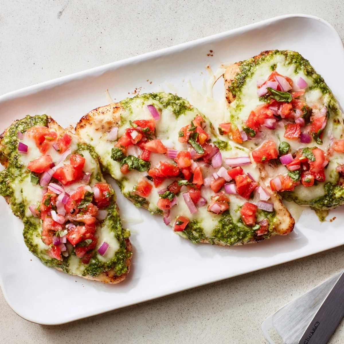 Golden-baked Pesto Bruschetta Chicken breasts topped with melted mozzarella and fresh tomato mixture.