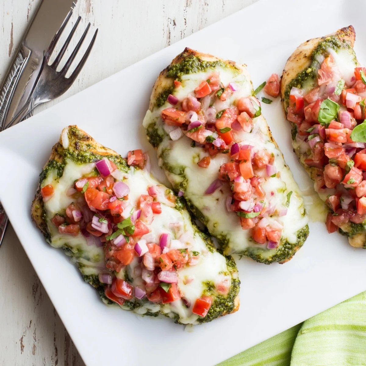 Savory Pesto Bruschetta Chicken served hot from the oven with vibrant basil garnish and melted cheese.