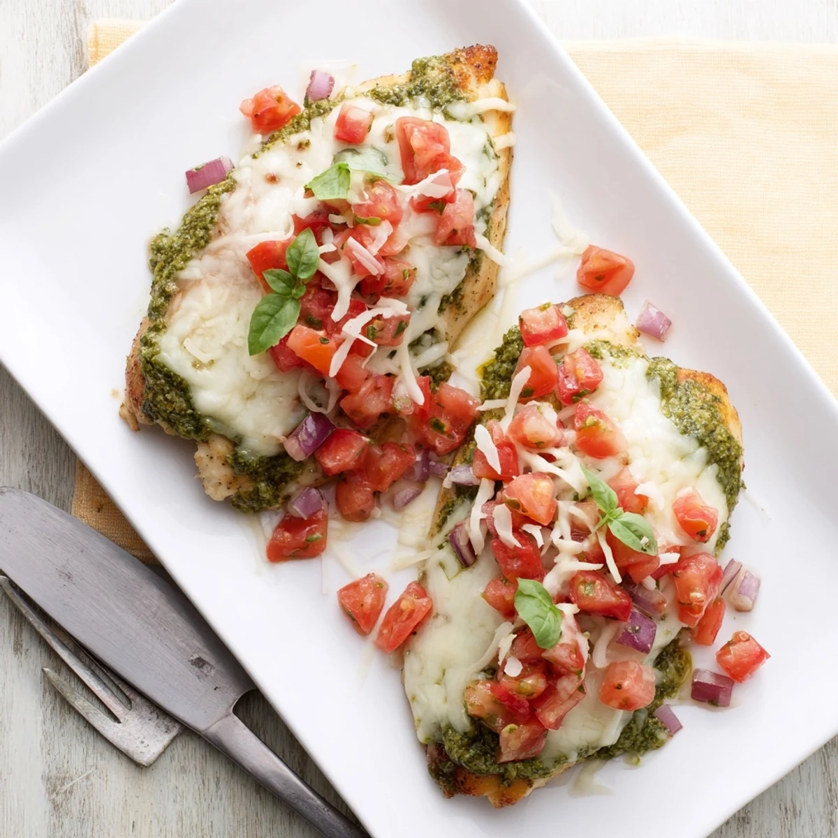 Juicy Pesto Bruschetta Chicken plated with a side salad, showcasing fresh tomatoes and aromatic pesto drizzle.