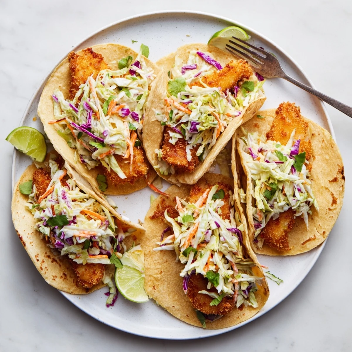 Golden crispy fish fillets and vibrant cilantro lime slaw stacked in warm corn tortillas for these Crispy Fish Tacos.