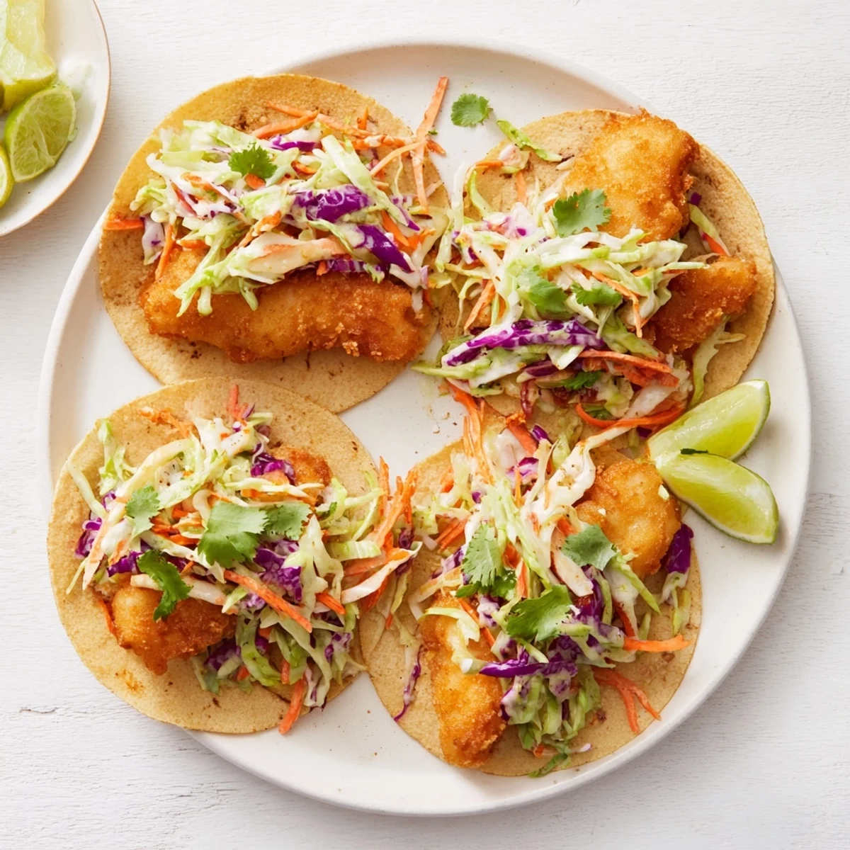 A close-up of golden Crispy Fish Tacos topped with creamy cilantro lime slaw and fresh lime wedges.