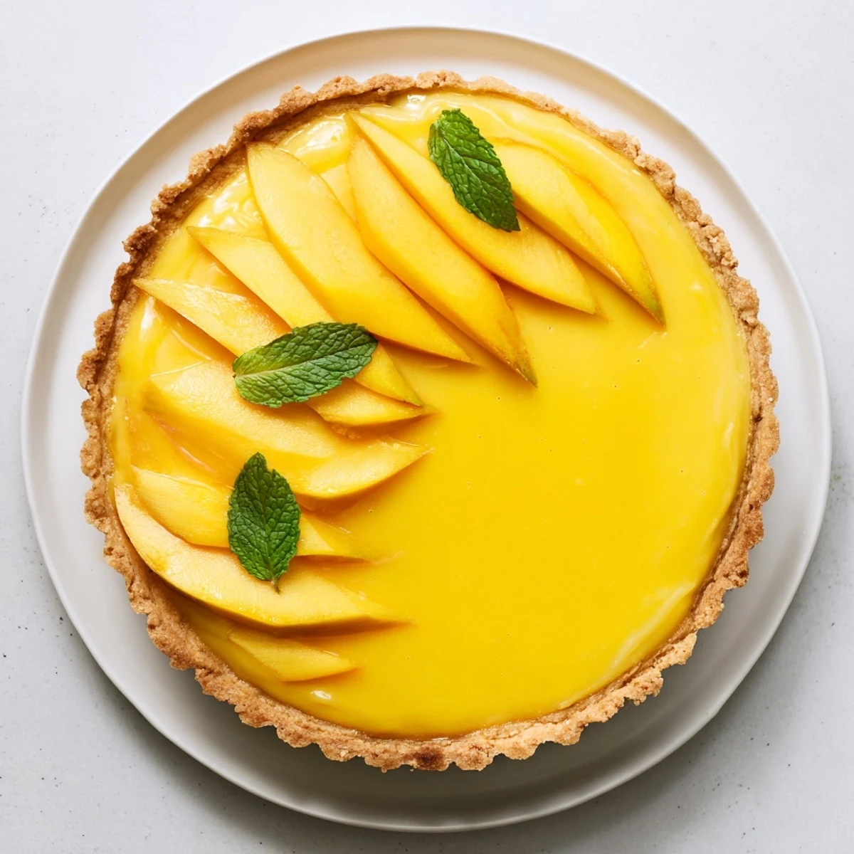 Fresh Mango Curd Tart garnished with mint leaves beside a glass of iced tea on a sunny patio.