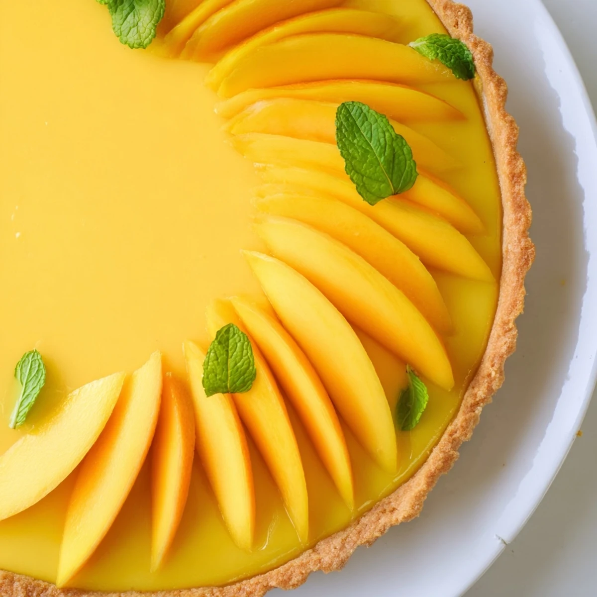 A close-up of a Mango Curd Tart with bright mango slices and edible flowers on a rustic table.