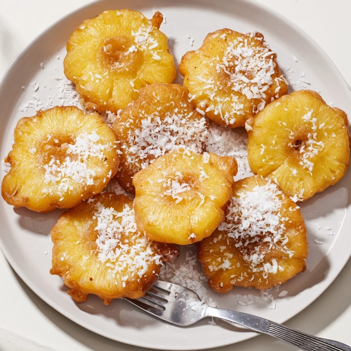Heavenly Pineapple Fritters garnished with toasted coconut, stacked high for a sweet tropical dessert.
