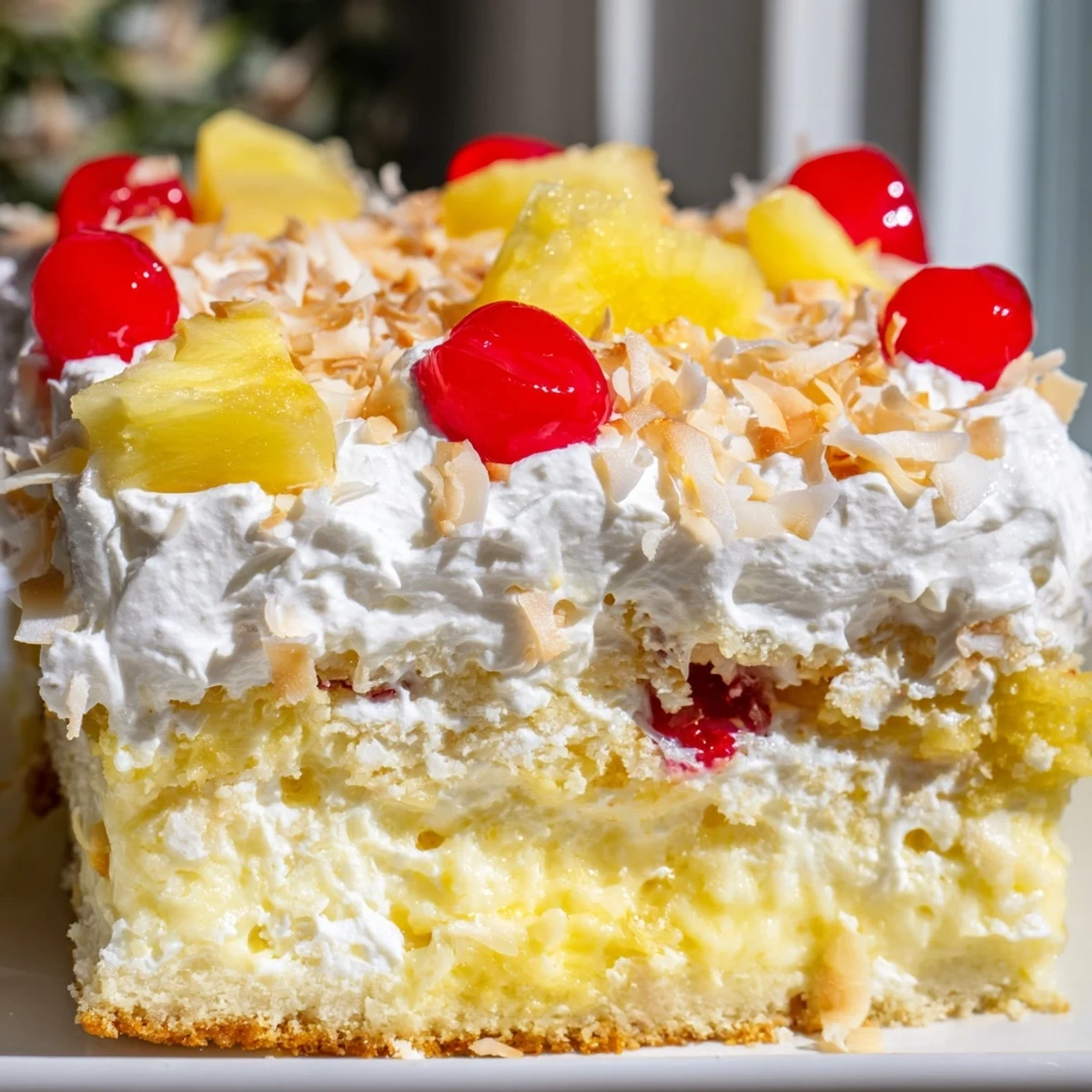 A slice of Hawaiian Poke Cake showcases moist pineapple cake with creamy filling and toasted coconut flakes.