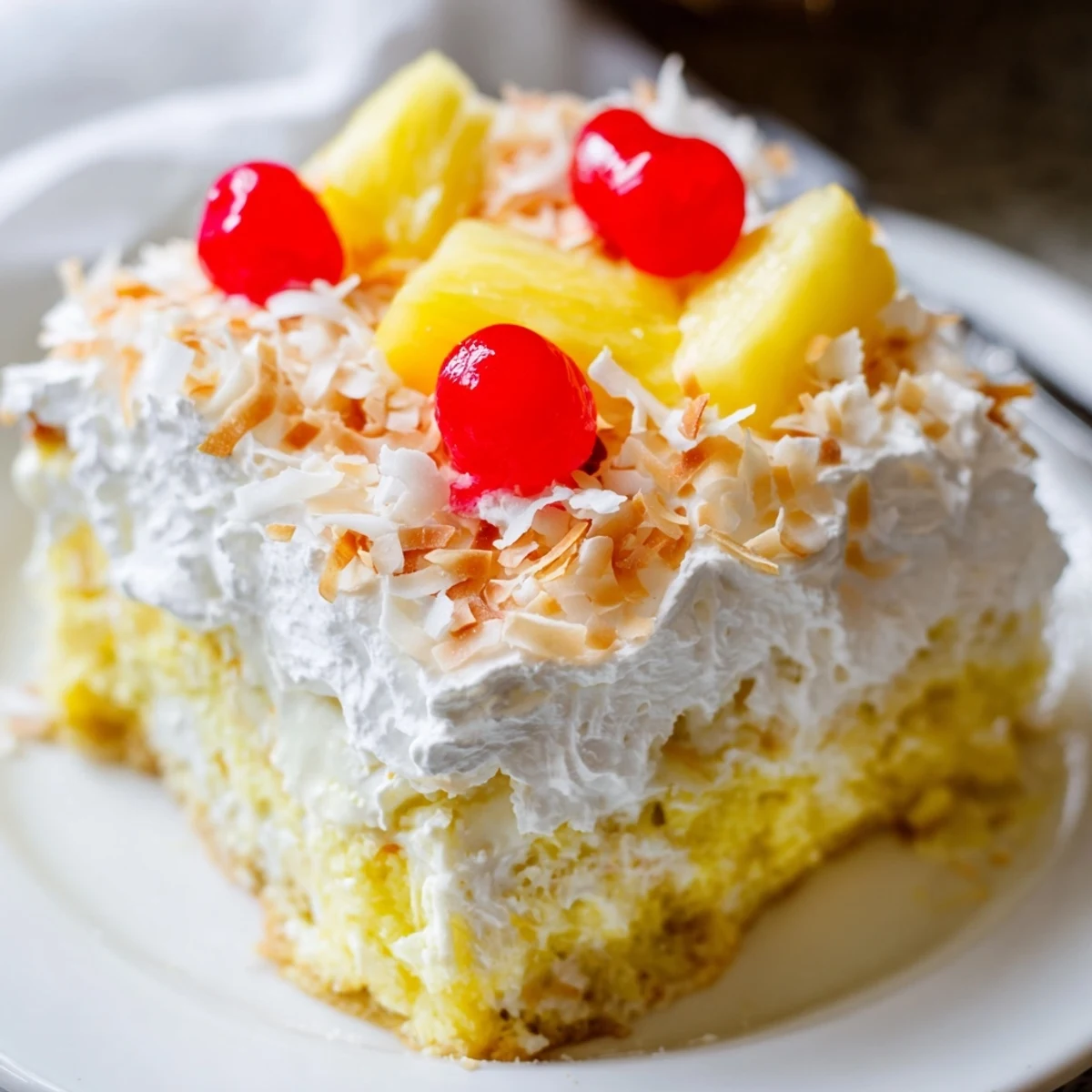 Hawaiian Poke Cake with chilled whipped topping and bright maraschino cherry garnish on a serving plate.