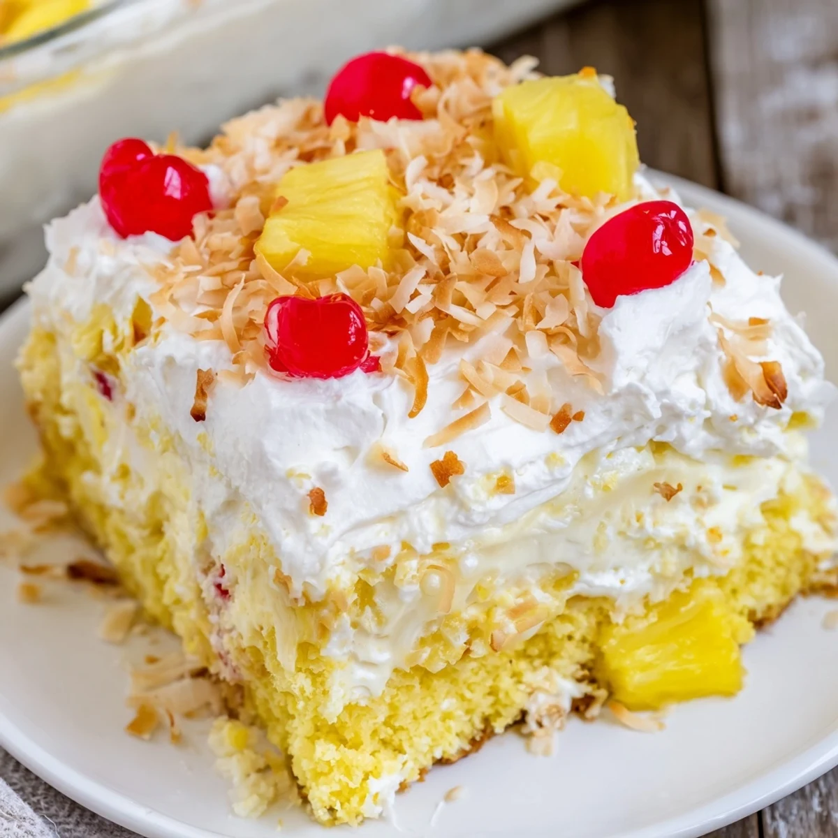 Close-up of Hawaiian Poke Cake revealing coconut-soaked crumb and fresh pineapple chunks for a tropical finish.
